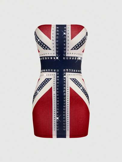 Grunge Punk Abito mini da donna con stampa della bandiera del Regno Unito in stile vintage Y2K, decorato con strass