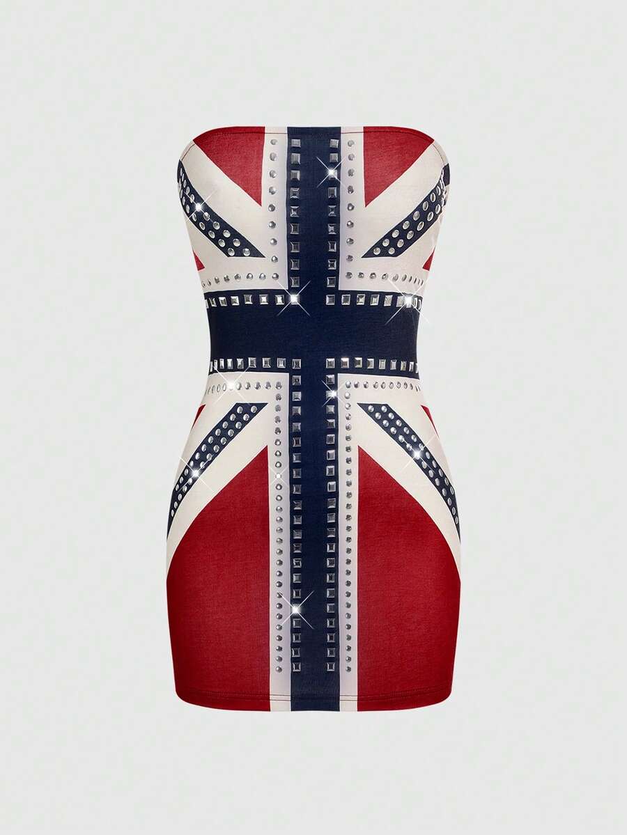 ROMWE Grunge Punk Y2K Vintage UK Flag Print Rhinestone Studded Mini Dress For Women - Red - View 1