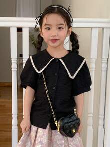 DAZY Young Girl' Cute Peter Pan Collar Short Sleeve Blouse, Summer Spring - Black - View 2