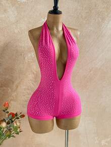 Soleia Women's Vacation White Knit Textured Wavy Pattern Deep V Neck Backless Sexy Bodysuit, Fashionable Fitted For Party, Date, Afternoon Tea, Boho Vacation, Beach, Summer Outfit - Pink - View 5