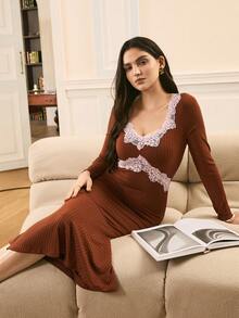 Moireta Comfortable Knitted Ribbed Contrast Lace Trim, Mature French Elegant Romantic Long Sleeve Mermaid Maxi Nightgown For Women - Coffee Brown - View 5