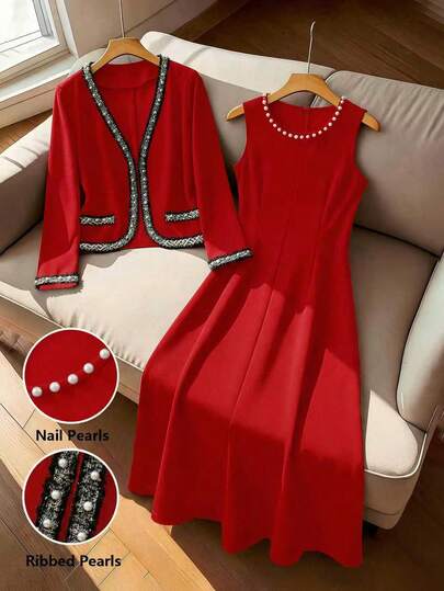 SHEIN Franclia Conjunto de 2 piezas de chaqueta de manga larga con adorno de perlas falsas de color contrastante y vestido con cuello redondo con perlas falsas, conjunto de otoño elegante para mujer