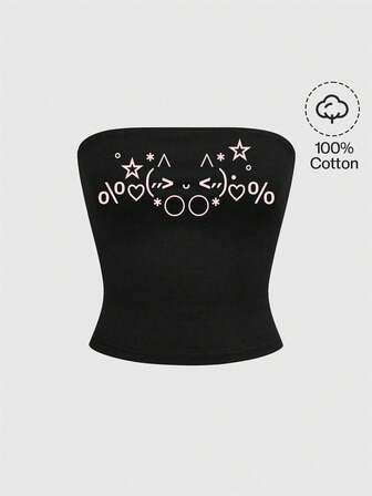 Kawaii Pink Emoticon Heart Blushing Face Print Black Cotton Plus Size Camisole Top For Women