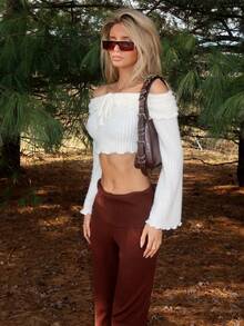 Sydney Algeri Maglietta donna a maniche a campana con spalle scoperte, in colore unito, morbida e soffice, adatta per Ognissanti, uscite, concerti, stile boho, abbigliamento autunnale, per donne - Albicocca - Visualizzare 5