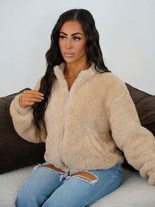 SAYEHFBABY Women Solid Color Zipper Pockets Long Sleeve Jacket, Autumn/Winter Winter Clothes - Khaki - View 4