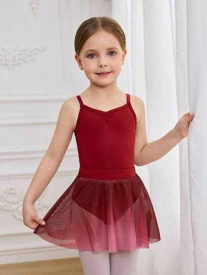 2 Pieces YoungGirls'Stretch Knit Fitted Camisole Dance Set With Ombre Skirt, Versatile For School Performances, Dance Practice, Recitals And Celebrations, All-Season Wear