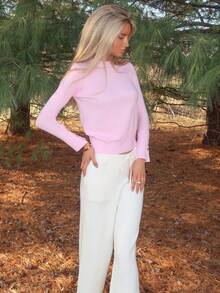 Sydney Algeri 女士百搭圆领休闲百搭长袖针织毛衣 - 淺粉色 - 查看 5