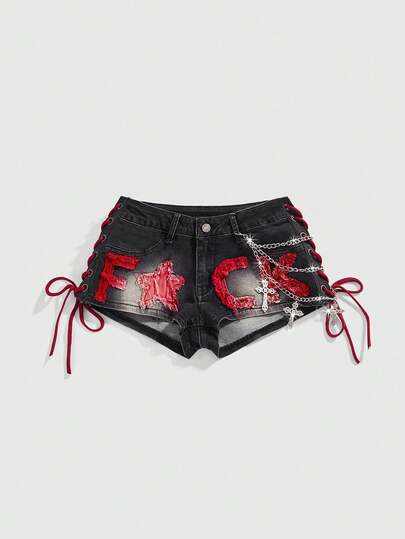 J-Fashion Women's Tie-Up Fashion Applique Denim Shorts With Belt Loops, Summer