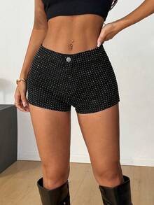 SHEIN PETITE Spring To Summer Women's Rhinestone Embellished Skinny Fashionable Versatile Denim Shorts - Black - View 4