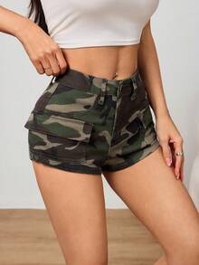 SHEIN PETITE PETITE 春夏女士迷彩印花度假休闲性感Y2K口袋休闲百搭牛仔短裤 - 軍綠色 - 查看 7