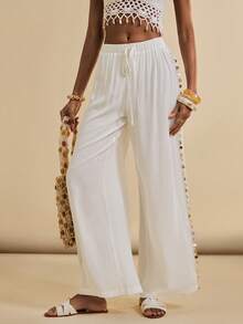 SHEIN Veneréa 女士夏季沙滩纯色阔腿裤，侧边饰有亮片装饰罩衫 - 白色 - 查看 6