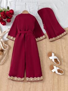 SHEIN Girls'Burgundy Middle Eastern Style Jumpsuit,Traditional Gold Embroidered Bell Sleeve Autumn Wedding Pilgrimage Celebration Outfit,Spring/Summer Wear - Multicolor - View 2