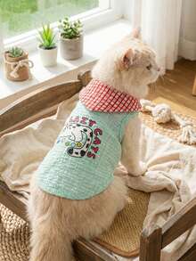 PETSIN 轻盈透气格子领结背心，带有可爱的 LAZYCAT 和 Kitty 印花，适合宠物狗，春夏季 - 彩色 - 查看 5