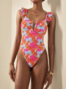 Écloséra New Floral Print V-Neck Ruffle Strap One-Piece Swimsuit, Fashionable & Sexy For Vacation - Multicolor - View 1