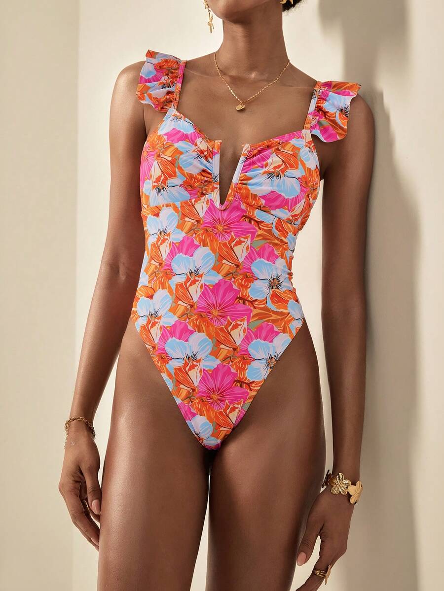 Écloséra New Floral Print V-Neck Ruffle Strap One-Piece Swimsuit, Fashionable & Sexy For Vacation - Multicolor - View 1