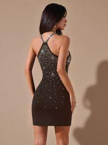 SHEIN BAE 黑色水钻装饰紧身迷你连衣裙，水钻装饰魅力派对礼服，秋季连衣裙，适合夜店、外出、秋季女装、复古风格、派对、鸡尾酒会、正式场合，黑色连衣裙，生日迷你连衣裙 - 咖啡棕 - 查看 2