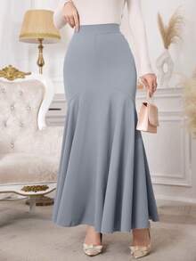 Modelyn 女士纯色高腰美人鱼款百搭约会派对半身裙 - 藍色 - 查看 5