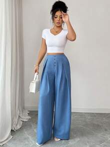 Chiquease Women's Dusty Blue Summer Casual Vacation High-Waisted Wide-Leg Pants,Textured Fabric Single-Breasted Pleated Flowing Loose Trousers For Work,Daily - Blue - View 5