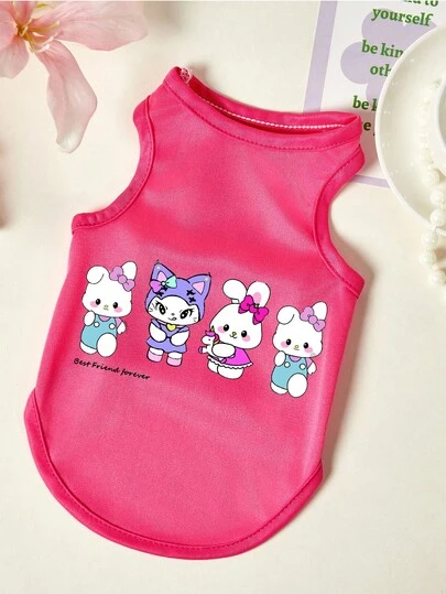 PETSIN 1pc Cute Four Little Rabbits With Bow Sports Letter Printed Pet Tank Top Rose Red Sports Style Breathable Skin Friendly Pet Clothes
