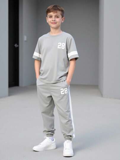 SHEIN 2pcs/Set Teen Boys Casual Minimalist Digital Printing Crew Neck Pullover Outfit Color Blocking Design Suitable For Summer, Sports, Running, Outdoor