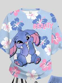 2pcs Tween Girls Casual Cartoon Print Short Sleeve Top And Shorts Set, Suitable For Summer - Multicolor - View 5