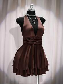 SHEIN ICON 大码女士缎面深V领吊带连衣裙，棕色 - 棕色 - 查看 8