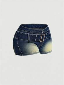 Sweetra Women's Retro Vintage Fitted Sexy Denim Shorts With Belt - Dark Wash - View 3