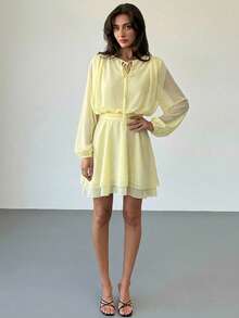 Aloruh Đầm công sở ngắn tay dài màu tím, dáng xòe, chất liệu lưới, màu trơn. - Vàng nhạt - Xem 7