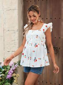 SHEIN Printed Casual Square Neck Ruffle Sleeve Tie Front Button Maternity Top - White - View 6