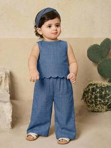Travachic KIDS Babygirl Cute Wavy Sleeveless Top And Pants Set, Summer - Blue - View 5
