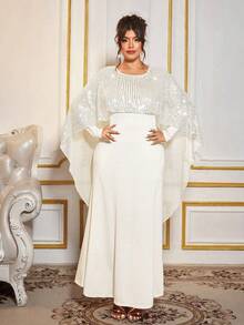 Cravure 大码女式亮片腰身美人鱼长裙，长袖纯色长裙；大码女式闪亮披肩优雅正式礼服，适合舞会、婚礼宾客、生日、毕业典礼、节日派对等场合 - 杏色 - 查看 8