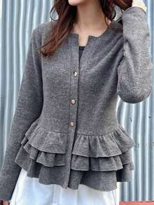 FRIFUL Women's Cardigan Hem Layered Cake Decor T-Shirt - Grey - View 9
