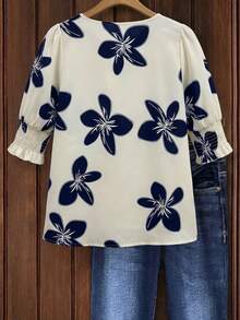 Linhara Áo kiểu nữ cỡ lớn, dáng rộng, in hoa, tay phồng, xếp ly, thích hợp cho kỳ nghỉ. - Xanh và trắng - Xem 2