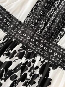 SHEIN Franclia 新款黑杏色艺术印花连衣裙，立领长袖收腰褶裥长裙，精致别致优雅的高端女装 - 彩色 - 查看 6