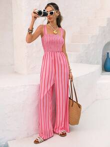 Vivid Eden 女士度假条纹阔腿连体裤 - 粉色 - 查看 4