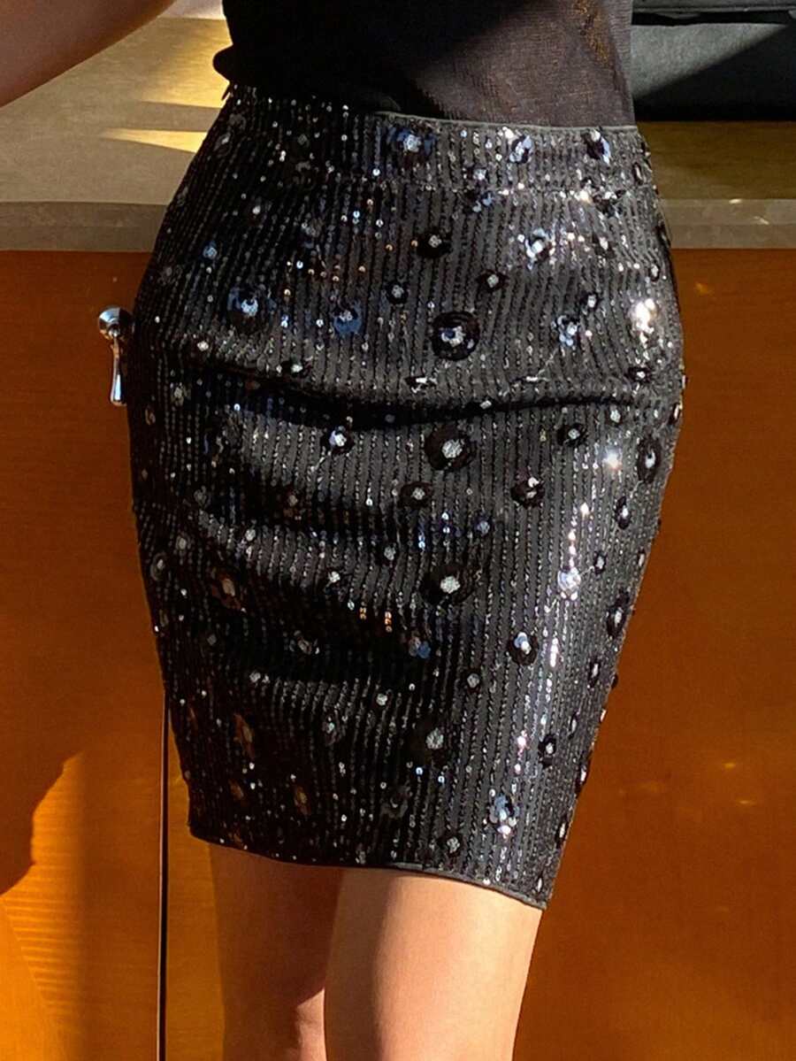 Livesso 亮片纹理紧身派对裙，适合女士嘉年华 - 黑色 - 查看 1