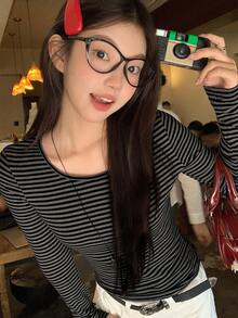 DAZY 女士圆领条纹韩版休闲长袖T恤，春秋季 - 深灰色 - 查看 6