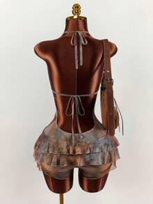 Amplova Women's Tie-Dye Print Halter Neck Jumpsuit, Sexy & Avant-Garde For Vacation, Retro & Cute With Ruffle Hem - Multicolor - View 2