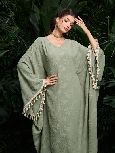 Al Najma Women's Green Woven Cutout Floral Long Sleeve Tassel Sequin Lace-Up Elegant Turkish & Arabic Traditional Long Cardigan, Spring/Summer