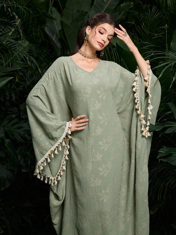 Al Najma Women's Green Woven Cutout Floral Long Sleeve Tassel Sequin Lace-Up Elegant Turkish & Arabic Traditional Long Cardigan, Spring/Summer