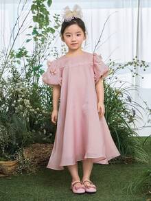 DAZY Young Girls Party Birthday Solid Color Short Sleeve Formal Dress Vacation - Apricot - View 7