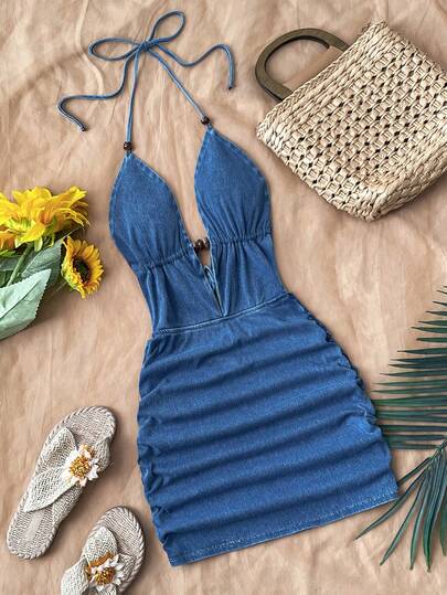 Soleia 女士休闲露背吊带牛仔连衣裙，适合度假