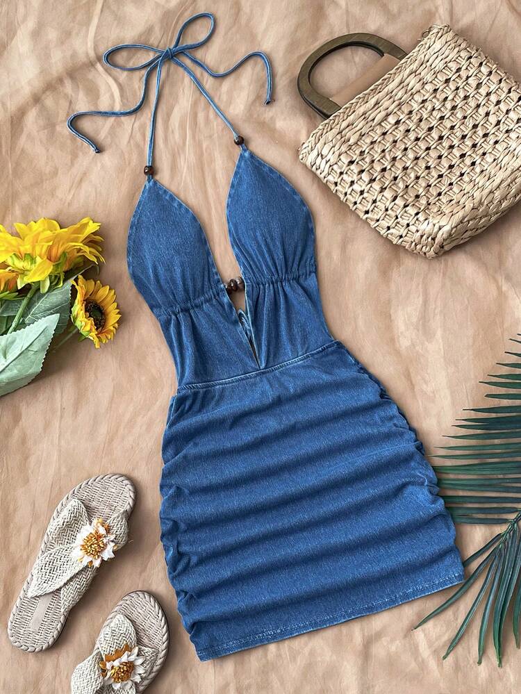 Soleia Women's Casual Backless Halter Neck Denim Dress For Vacation Summer Sexy  Dress Blue Vacation Dress Blue Jean Dress Blue Beach Dress Curve Denim Dress  Summer Dresses For Women Spring Dress Women