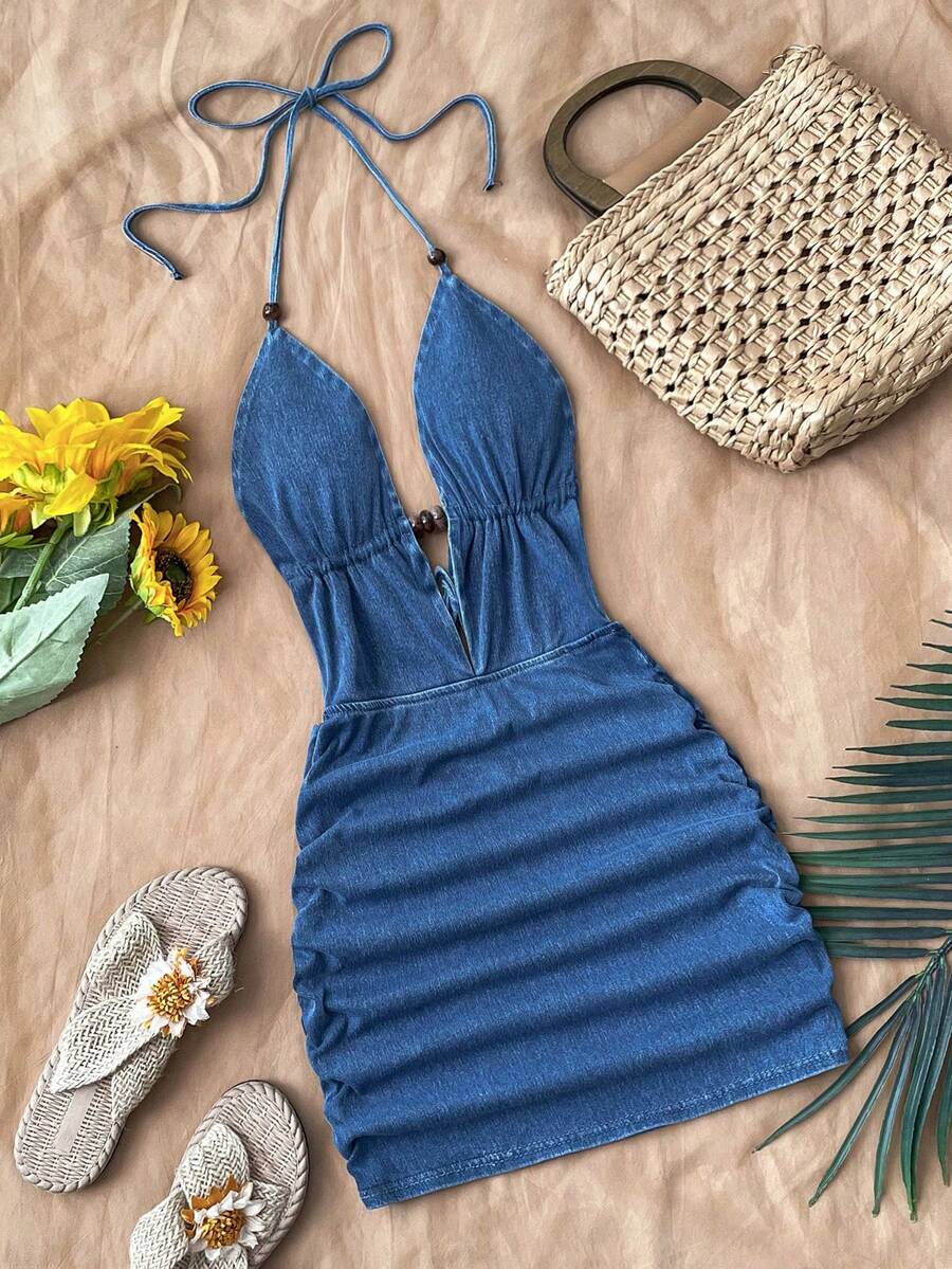 Soleia 女士休闲露背吊带牛仔连衣裙，适合度假 - 中等水洗藍 - 查看 1