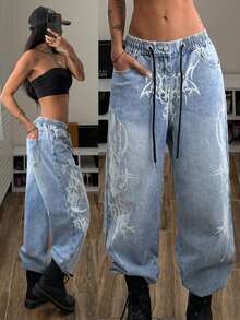 StreetHx Women's Gothic Pattern Drawstring Waist Pockets Wide Leg Loose Casual Jeans - Light Wash - View 8