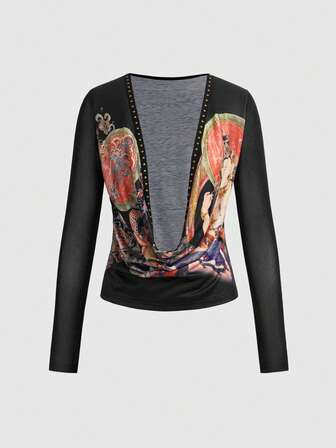 ROMWE Avant Top a maniche lunghe con scollo a V drappeggiato, con stampa di statua orientale vintage di Buddha in stile neo-cinese