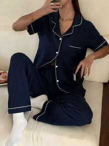 Dream Adore 女士休闲藏蓝色条纹印花翻领开衫和裤子睡衣套装 - 彩色 - 查看 6
