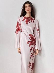 ZEYLAH Slanted Print Fitted Off-Shoulder Flare Sleeve Dress, Spring - Pink - View 5