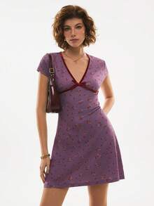 Poéselle 女士休闲碎花迷你连衣裙，夏季 - 紫色 - 查看 2