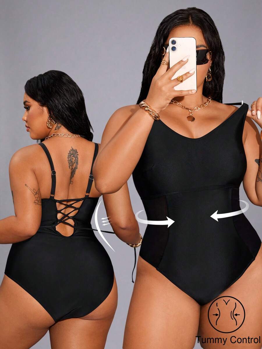 Shapewave 大码优雅显瘦黑色连体泳衣，露背沙滩度假泳装，黑色大码泳衣，大码连体泳衣，女士连体泳衣 - 黑色 - 查看 1